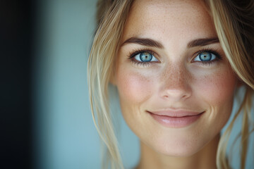 Naklejka premium smiling woman with blue eyes and blonde hair, showcasing natural beauty and confidence. Her skin is clear with freckles, and she exudes friendly demeanor