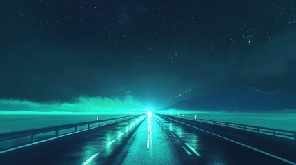 Obraz premium A lonely road stretches towards a distant bright light at night