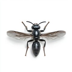 Close up overhead view of a black wasp with translucent wings against a stark white background. The insect's details are clearly visible