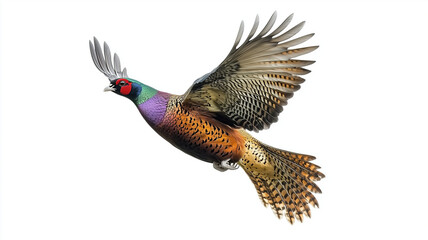Obraz premium vibrant ring necked pheasant in flight, showcasing its colorful plumage against white background. bird wings are fully extended, highlighting its graceful movement and beauty