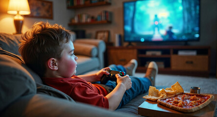 Child lying on the sofa playing videogames, using control and eating junk food like chips and pizza. Unhealthy lifestyle, game addiction that can lead to anxiety, depression, dream disorders and more
