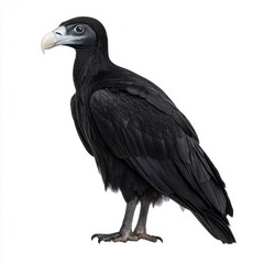 Fototapeta premium Profile view of a black vulture with white face, standing against a white background. The bird's plumage is dark and detailed, showcasing its