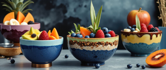 Colorful smoothie bowls topped with fresh fruit and granola