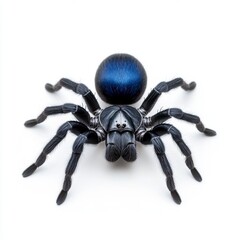 Close up of a black spider with a vibrant blue abdomen, photographed against a stark white background. The spider's legs are splayed out, showcasing