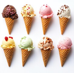 Colorful Ice Cream Cones Featuring Various Flavors and Toppings on White Background Perfect for Summer Desserts and Treats