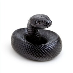 Fototapeta premium Close up of a black snake coiled on a white background. The snake's scales are visible, and its head is slightly raised