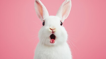 Obraz premium Adorable white rabbit with open mouth and pink tongue on soft pink background capturing a cheerful expression