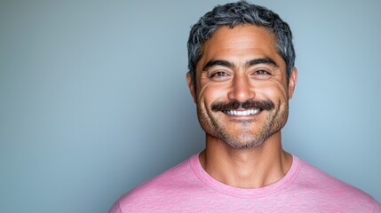 Obraz premium Happy Mature Man Smiling Portrait Pink Shirt Gray Hair Mustache