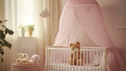 Pastel Pink Baby Nursery with Teddy Bears and Canopy