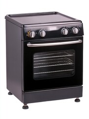 Black freestanding electric range with four burners and an oven. Clean lines and simple design. Studio shot on white background