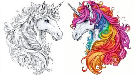 A white unicorn’s head intricately adorned with swirling curves. Its black-and-white mane and tail contrast beautifully on a pristine backdrop, evoking elegance and mystery