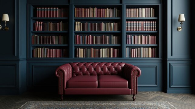 Elegant red leather sofa in a classic library with dark blue walls and a bookshelf filled with vintage books - Powered by Adobe