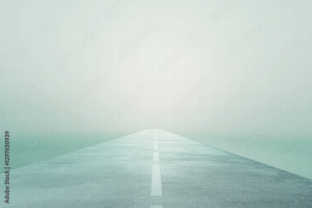Aufkleber foggy road leads into the unknown with reflections on wet asphalt during tranquil dawn or dusk. gene