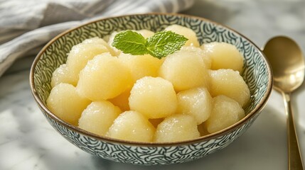 Refreshing Melon Balls Served in Decorative Bowl with Mint Leaf