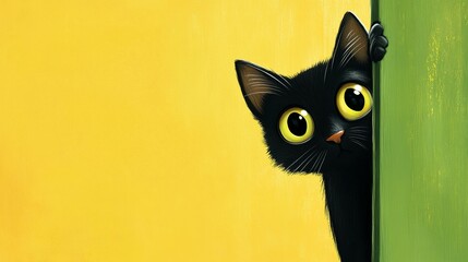 Obraz premium A curious black cat peeks around a green doorframe corner