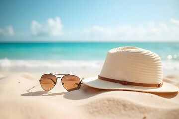 Sunglasses and hat on sandy beach with turquoise ocean in background