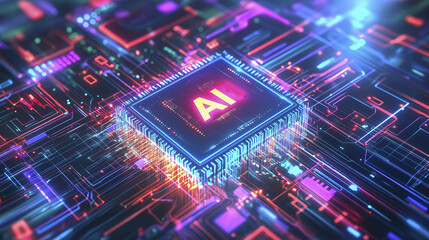 Obraz premium vibrant and detailed illustration of AI chip with glowing circuits, showcasing technology and innovation