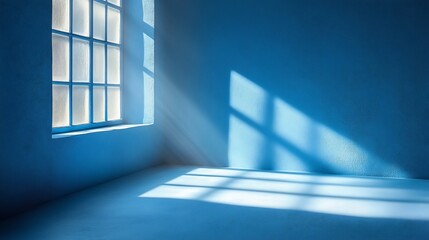 Serene blue room bathed in soft sunlight streaming through window. AI Generated