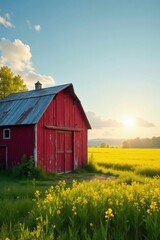 Obraz premium Rustic Red Barn in a Golden Field at Sunset, a Serene Pastoral Scene of Tranquility and Rural Charm