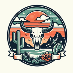 vector bull skull, cacti, mountains, and a setting sun t-shirt