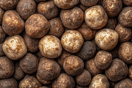 Textured earthball mushrooms in a dense cluster showcasing natural patterns and earthy tones in a close up view from above