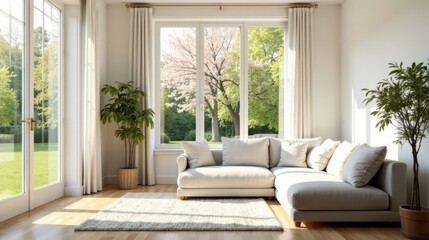 Sunlight Streams Through Large Windows Illuminating a Modern Sectional Sofa in a Light and Airy Living Room