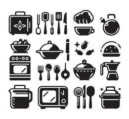 Cooking and Kitchen Elements Different  Silhouette Vector on a White Background