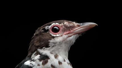 Fototapeta premium Speckled wild bird shown in a close-up profile portrait against a solid black background.