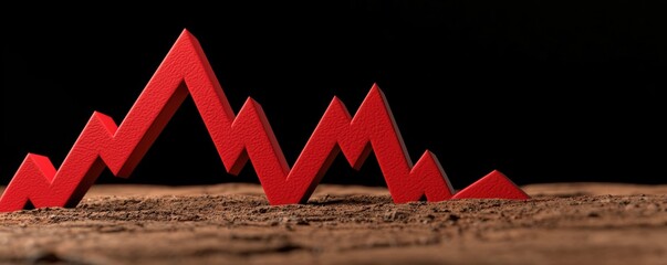 income expense due concept. Red zigzag graph on a wooden surface, symbolizing fluctuating financial trends or market analysis.