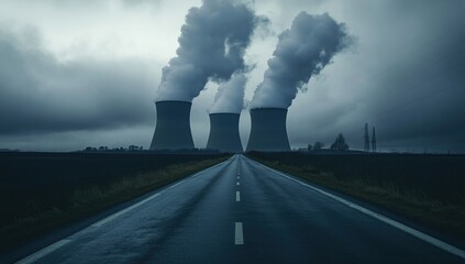 Dark and Moody Industrial Landscape with Nuclear Power Plant and Long Road