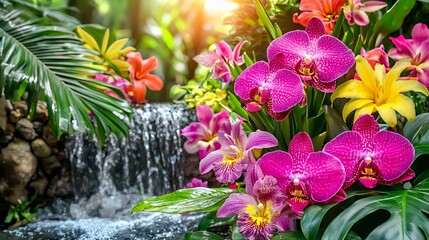 Vibrant Pink and Yellow Orchids Near a Cascading Waterfall in a Lush Tropical Garden