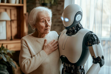 An elderly woman standing up begins to feel ill and touches his chest as if she were having a heart attack next to her there is a AI robot, the modern robot gently is supporting the old woman.