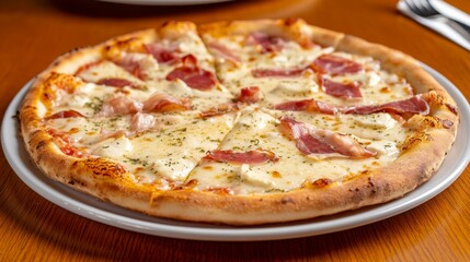 Delicious pizza with melted cheese, crispy bacon, and a thin crust, served on a white plate. The warm lighting enhances its appetizing appearance