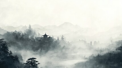 Obraz premium An artistic painting depicting a landscape with mountains and temples