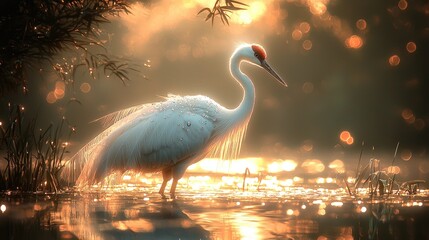 A majestic white crane standing elegantly in shallow water at sunset