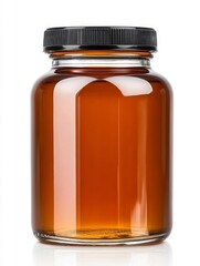 Amber liquid in a clear glass bottle with a black lid, set against a white background. Studio lighting highlights the liquid's color and texture