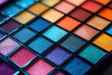 Closeup Colorful Eyeshadow Palette with Shimmer and Glitter