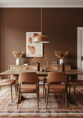 Chocolate Brown Soft Peach Dining Room design Boho Muji decor