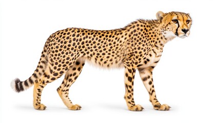 Fototapeta premium Profile view of a cheetah standing on a white background. The cheetah's coat is tan with black spots. It is alert and looking to the right