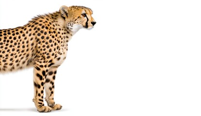 A cheetah, standing alertly, is captured in profile against a stark white background. Its spotted coat is vividly detailed, showcasing the animal's