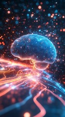 Obraz premium AGI intelligence potential, abstract brain and light trails, modern technology theme, copy space, 3D illustration
