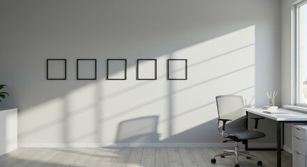 Sunlit Minimalist Home Office Calm neutral tones create peaceful workspace atmosphere. AI Generated