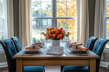 Beautifully set dining table with autumn decor and bright orange flowers in a cozy home during the fall season