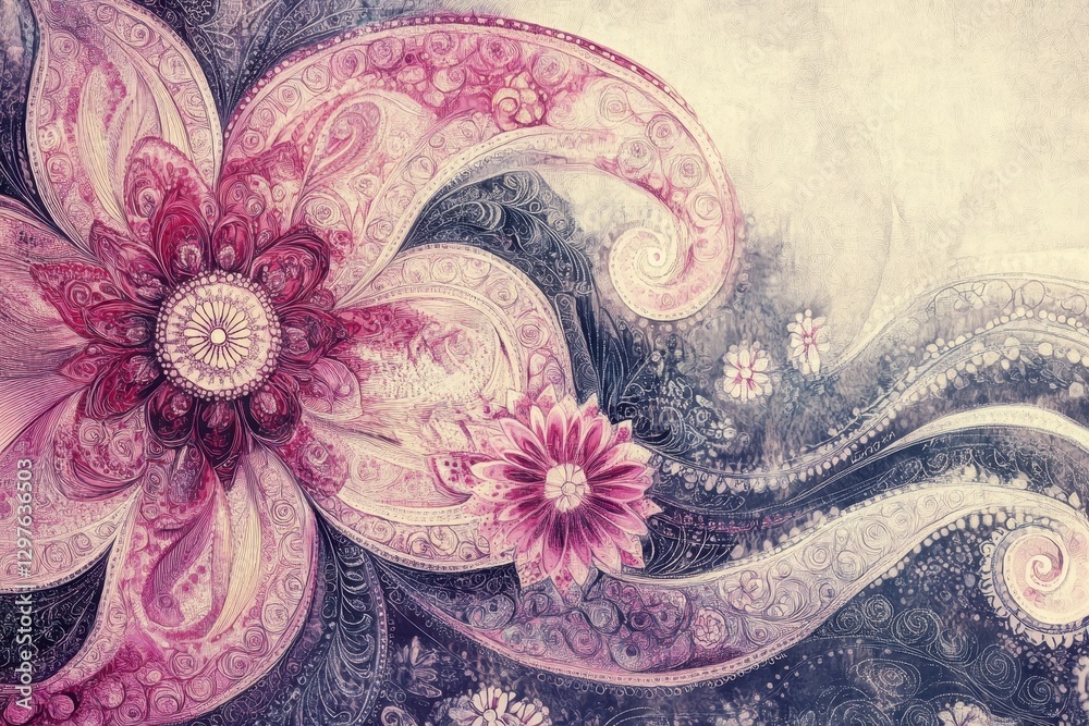 Poster intricate floral design with swirling patterns and vibrant pink accents created on a textured backgr