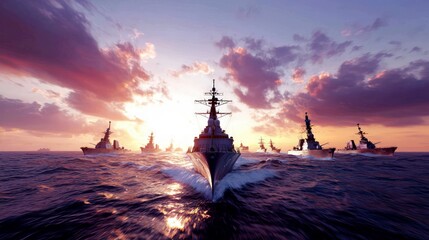 Majestic Warships at Sunset  Naval Power  Ocean  Fleet  Ships  Cruise  Military  Navy  Mar