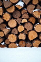Fototapeta premium A Winter's Stack of Seasoned Wood Logs Resting on a Blanket of Fresh Snow