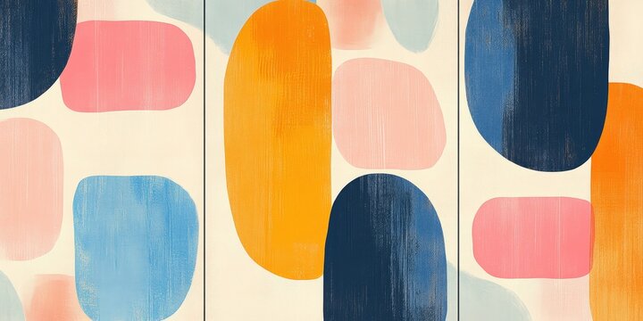 A vibrant tapestry of blues, oranges, pinks, and light blues on a textured canvas, highlighted by bold, sans-serif script