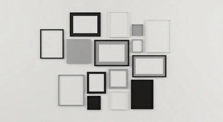 Modern minimalist grayscale frames artfully arranged on a wall. AI Generated