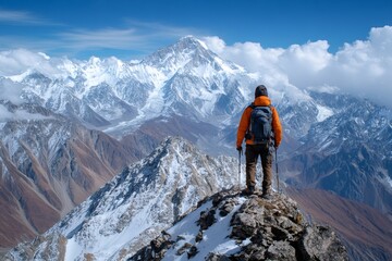 Mountaineer standing on mountain peak admiring Mount Everest