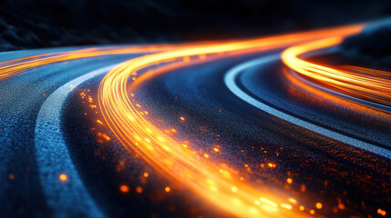 Close-up of a road with light trails on the curve, blurred background